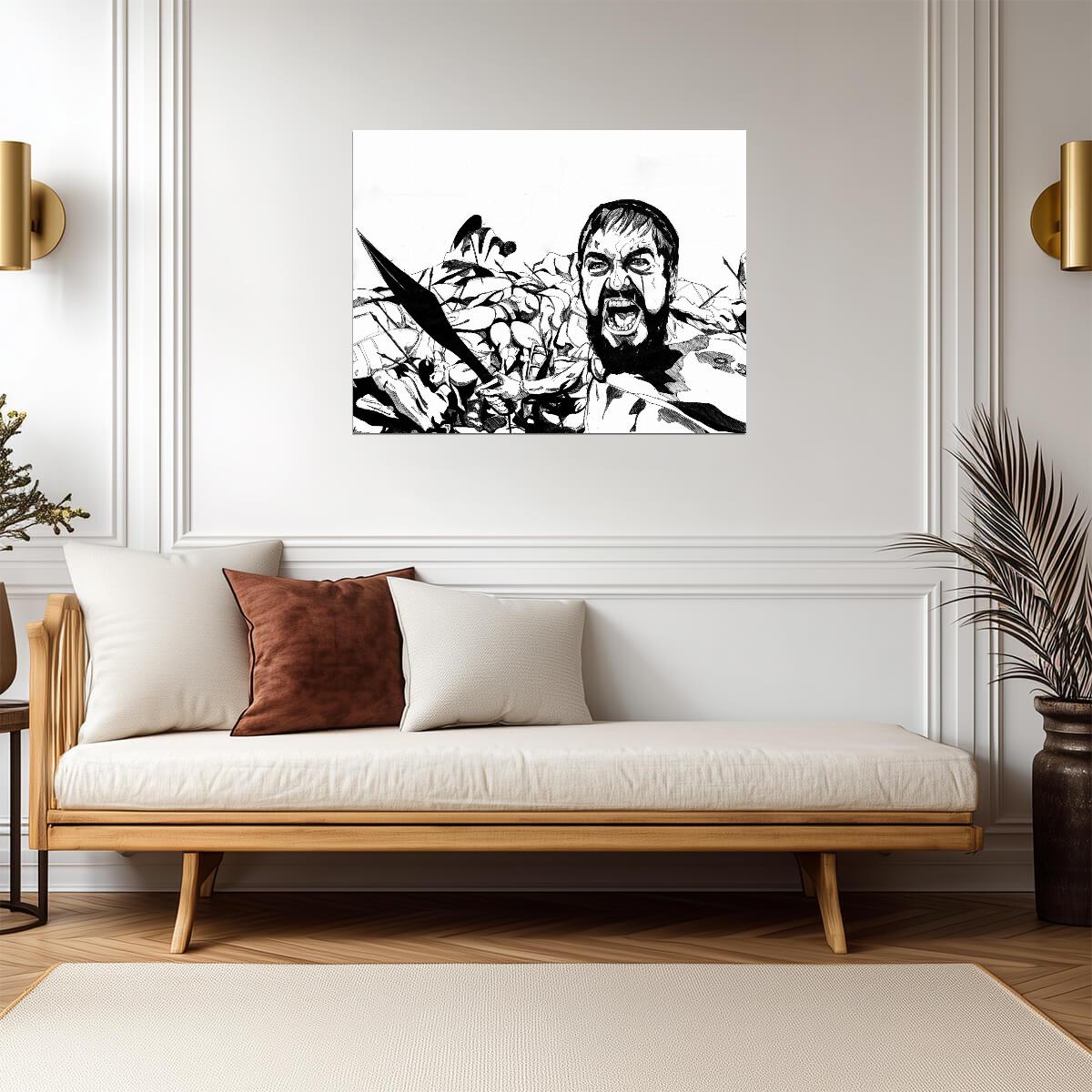 300 Leonidas Poster | Black and White Battle Illustration - Movies & TV Poster
