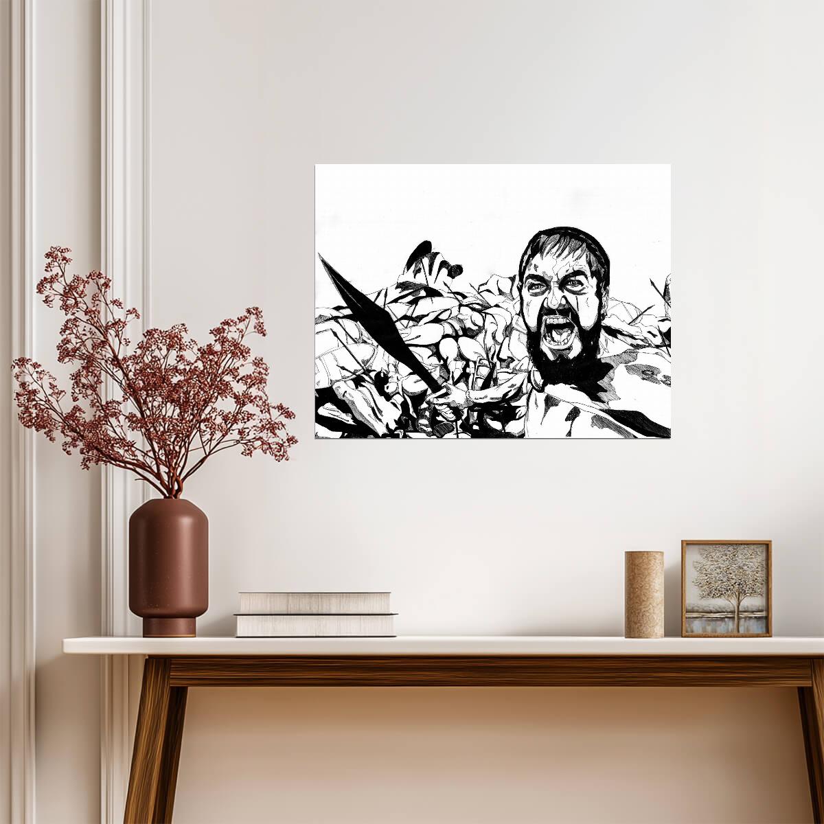 300 Leonidas Poster | Black and White Battle Illustration - Movies & TV Poster
