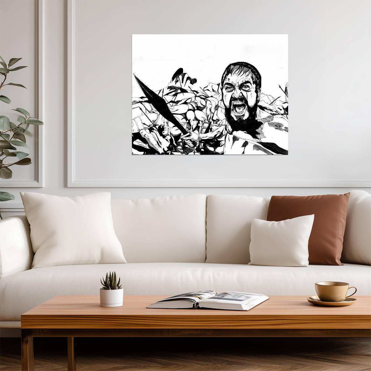 300 Leonidas Poster | Black and White Battle Illustration - Movies & TV Poster