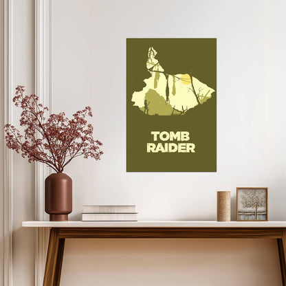 Tomb Raider Poster | Lara Croft and Forest Silhouettes in Olive Green - Video Games Poster