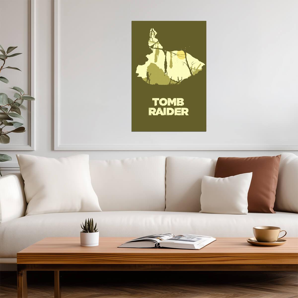 Tomb Raider Poster | Lara Croft and Forest Silhouettes in Olive Green - Video Games Poster