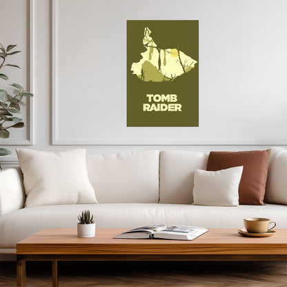 Tomb Raider Poster | Lara Croft and Forest Silhouettes in Olive Green - Video Games Poster