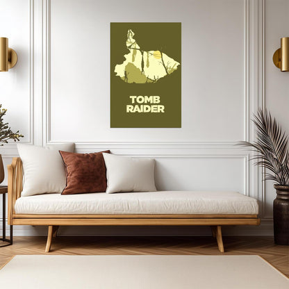 Tomb Raider Poster | Lara Croft and Forest Silhouettes in Olive Green - Video Games Poster