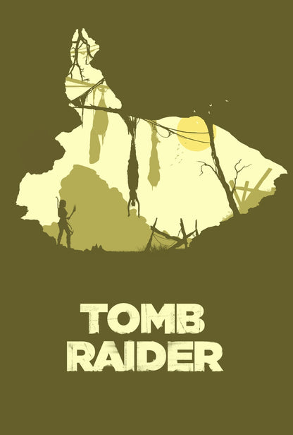 Tomb Raider Poster | Lara Croft and Forest Silhouettes in Olive Green - Video Games Poster