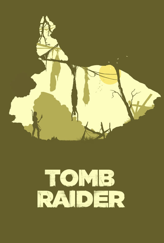 Tomb Raider Poster | Lara Croft and Forest Silhouettes in Olive Green - Video Games Poster