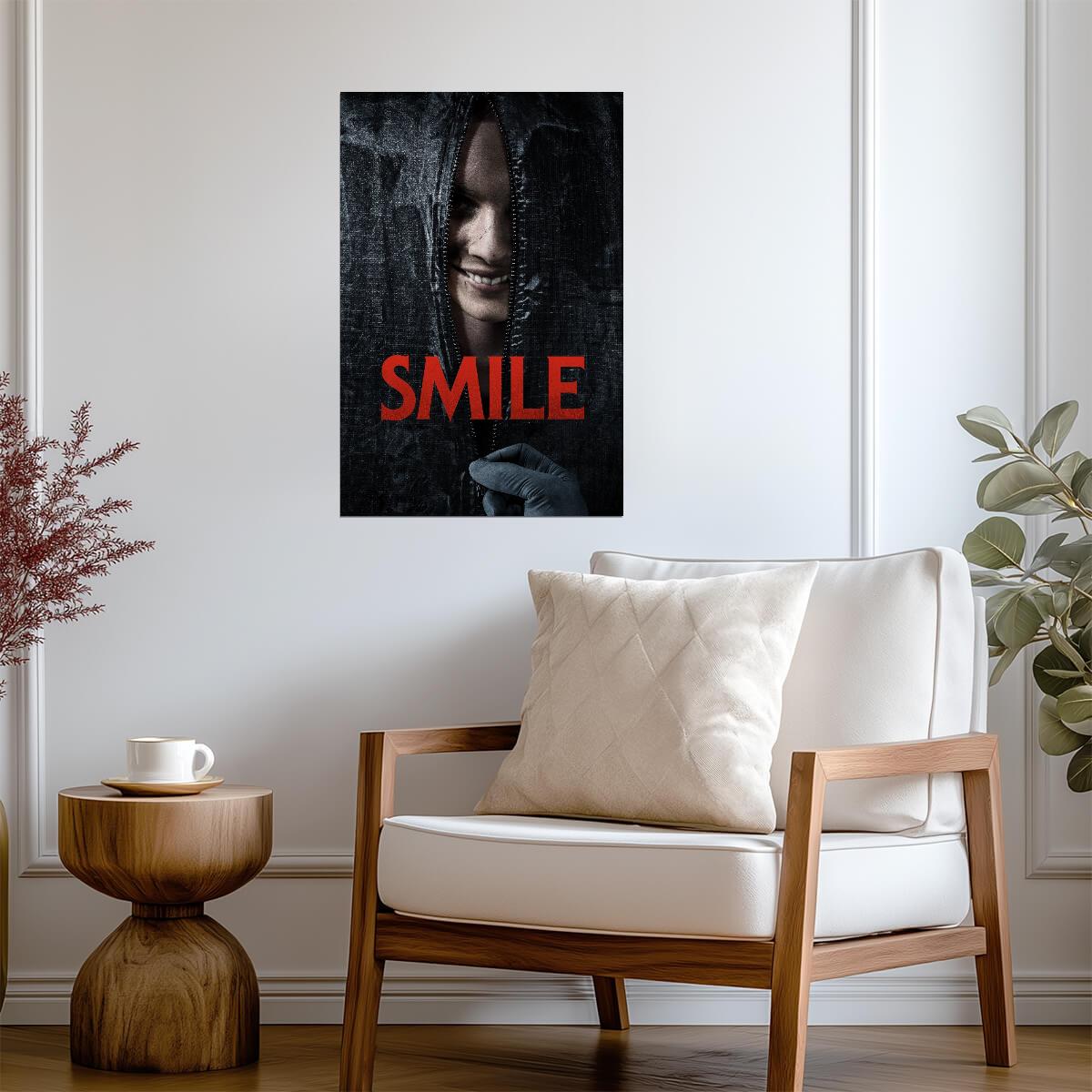Smile 2022 Movie Poster | Grinning Woman Behind a Zipped Hood - Movies & TV Poster