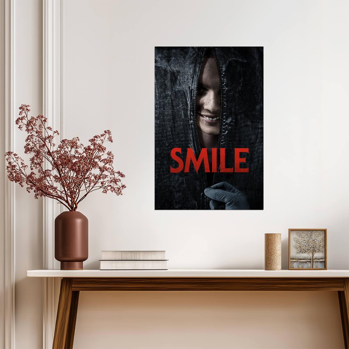 Smile 2022 Movie Poster | Grinning Woman Behind a Zipped Hood - Movies & TV Poster