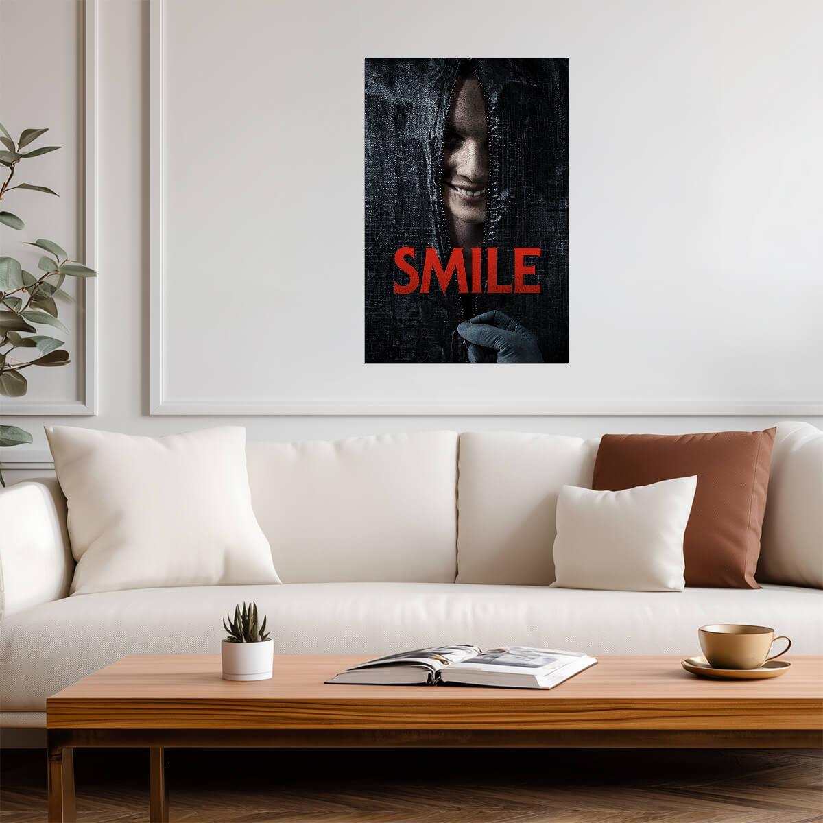 Smile 2022 Movie Poster | Grinning Woman Behind a Zipped Hood - Movies & TV Poster