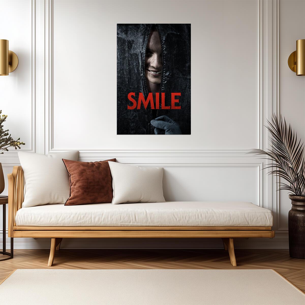 Smile 2022 Movie Poster | Grinning Woman Behind a Zipped Hood - Movies & TV Poster