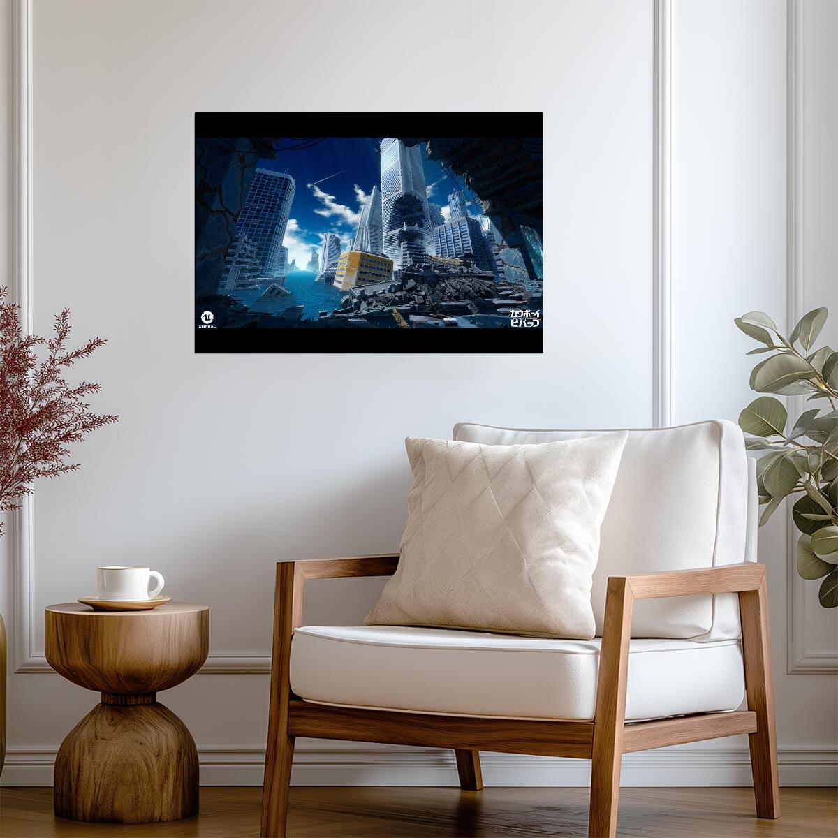 Cowboy Bebop Poster | Ruined Futuristic City Beneath a Blue Sky - Anime Poster
