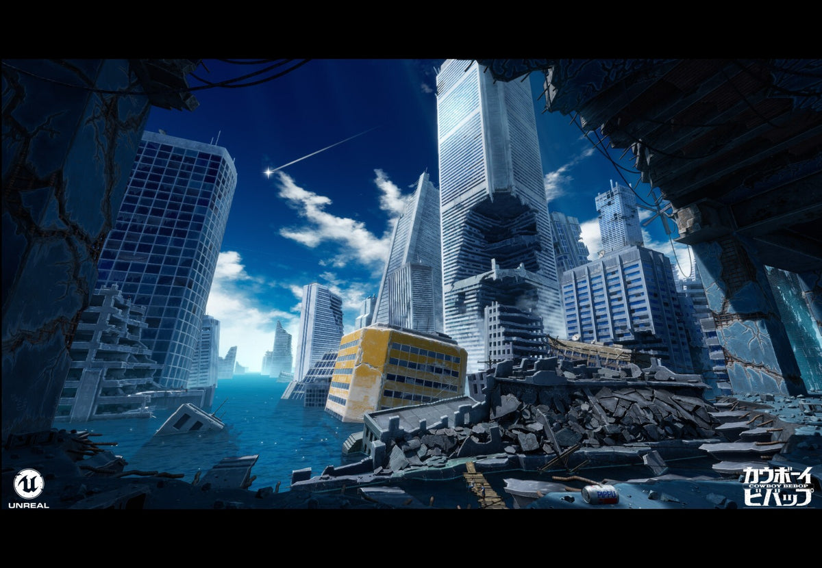 Cowboy Bebop Poster | Ruined Futuristic City Beneath a Blue Sky - Anime Poster