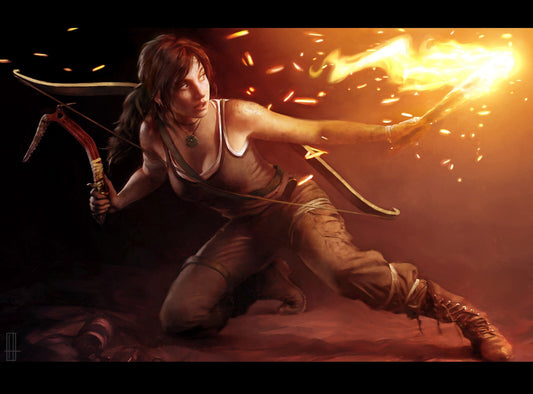 Tomb Raider Poster | Lara Croft Drawing a Flaming Arrow - Video Games Poster