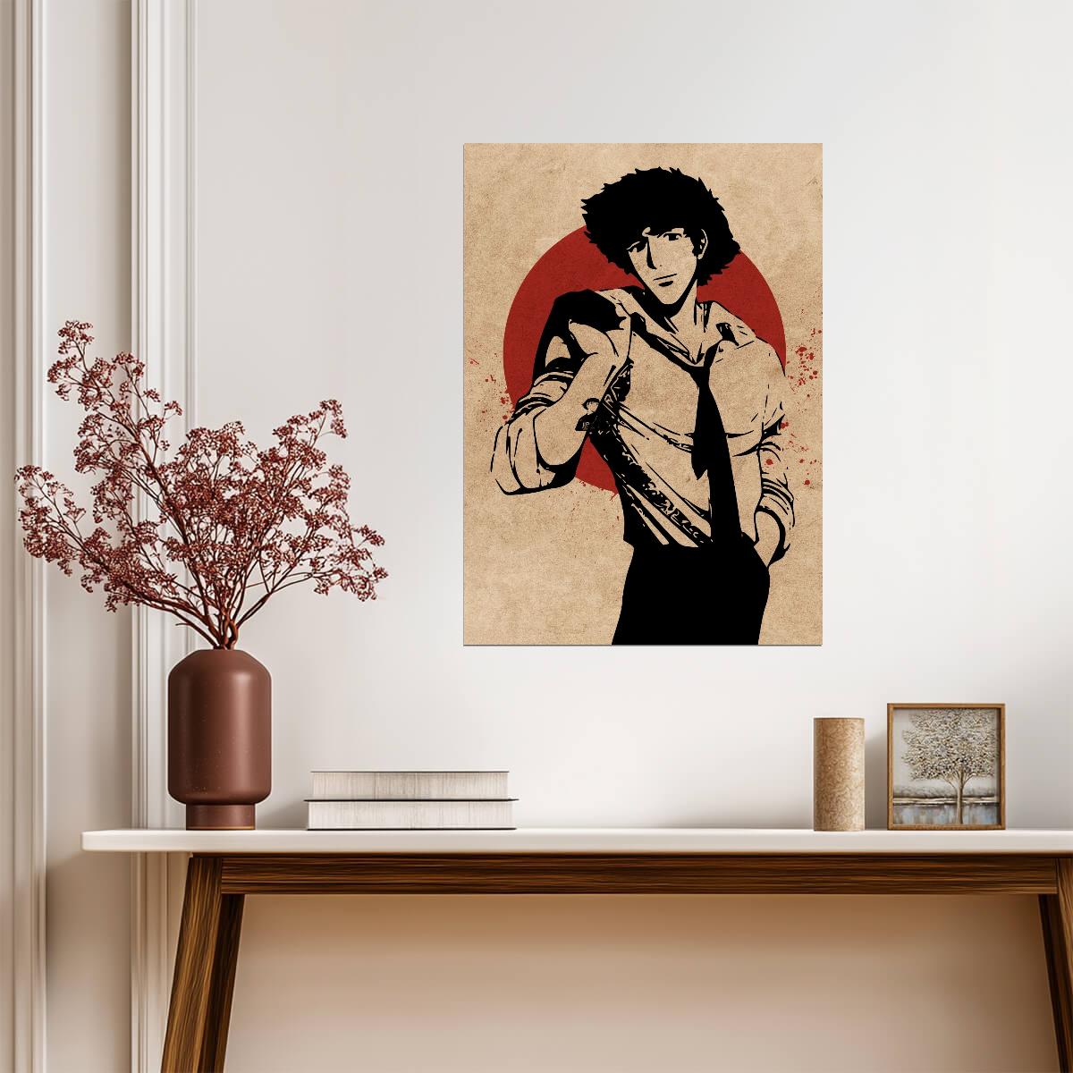 Cowboy Bebop Poster | Spike Spiegel with a Gun Against a Red Circle - Anime Poster