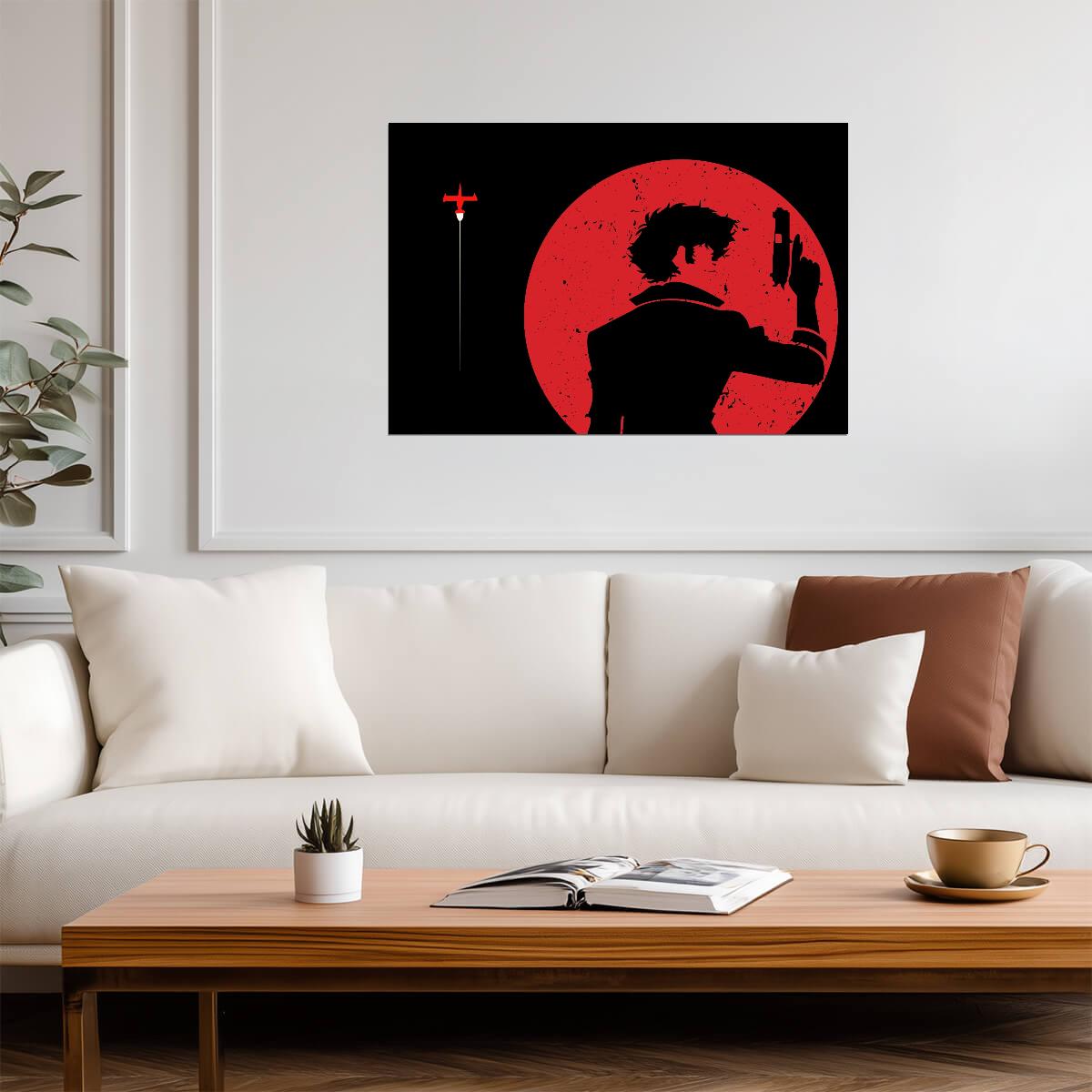 Cowboy Bebop Poster | Spike's Silhouette with a Pistol Against a Red Moon - Anime Poster