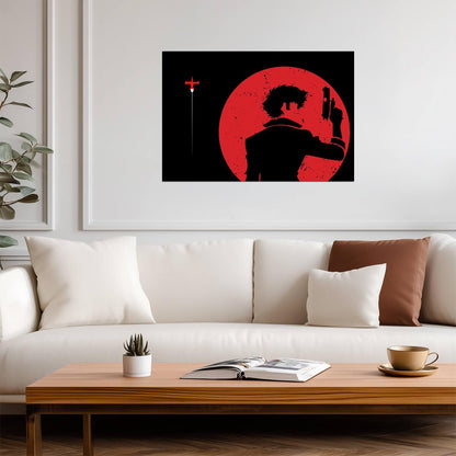 Cowboy Bebop Poster | Spike's Silhouette with a Pistol Against a Red Moon - Anime Poster