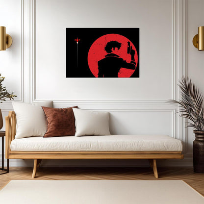 Cowboy Bebop Poster | Spike's Silhouette with a Pistol Against a Red Moon - Anime Poster
