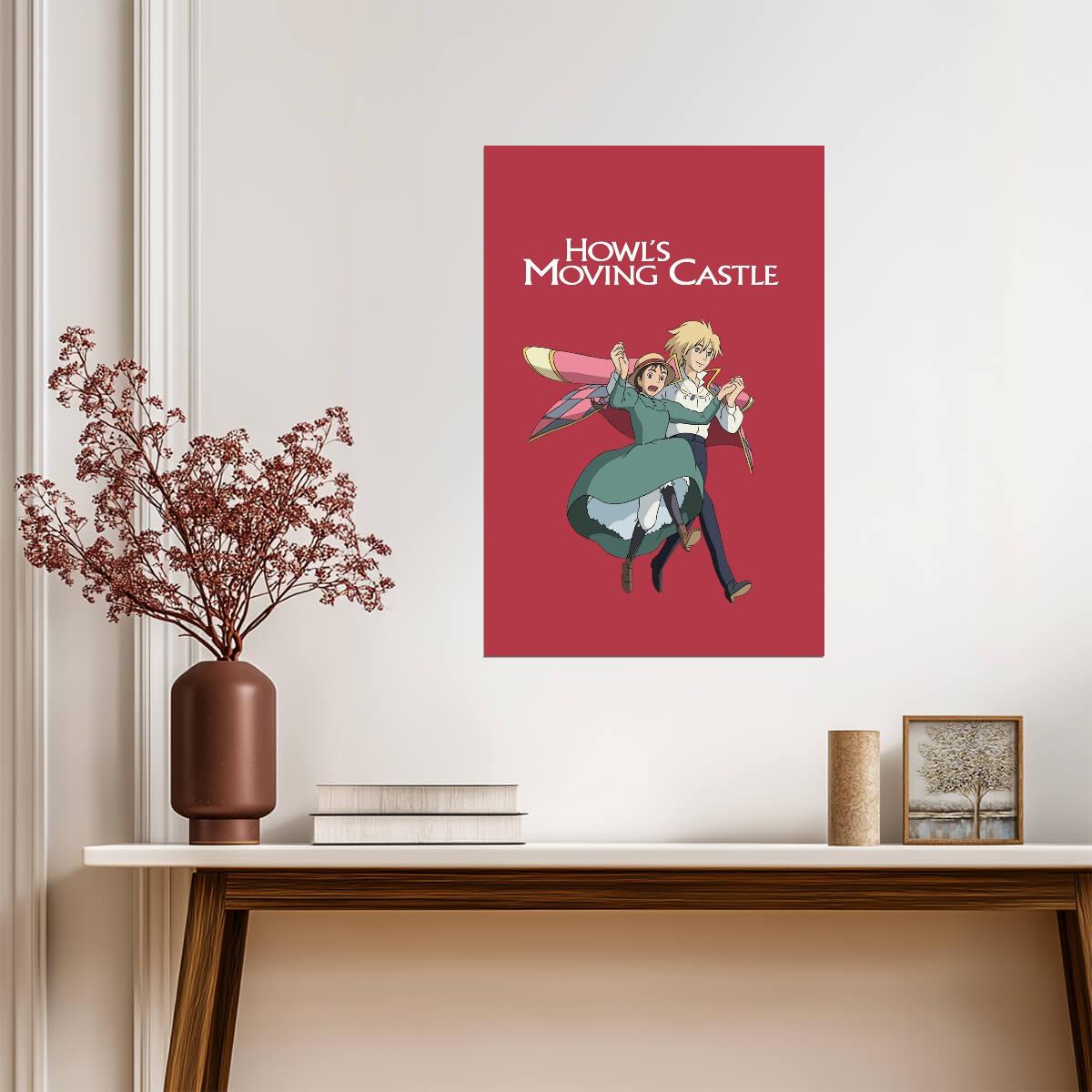Howl's Moving Castle Movie Poster | Howl and Sophie Flying Against a Red Background - Anime Poster