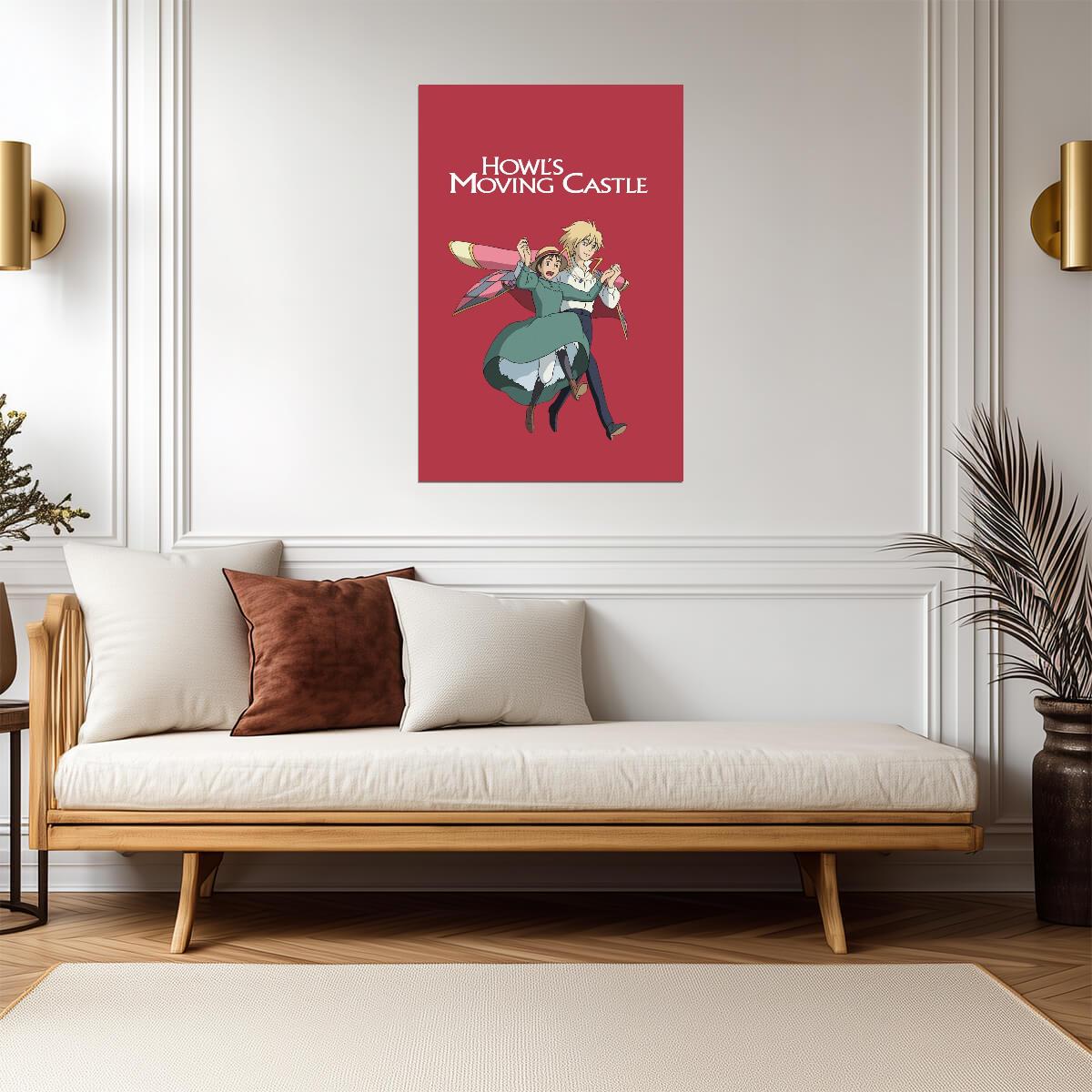 Howl's Moving Castle Movie Poster | Howl and Sophie Flying Against a Red Background - Anime Poster