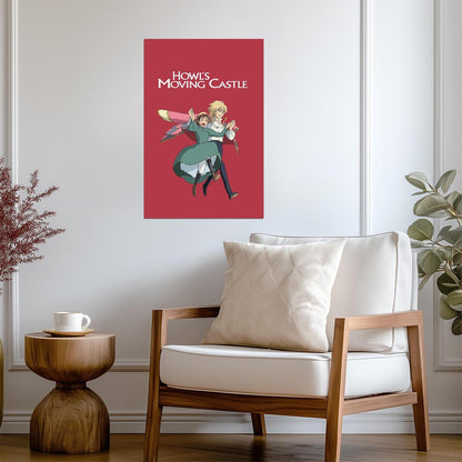 Howl's Moving Castle Movie Poster | Howl and Sophie Flying Against a Red Background - Anime Poster