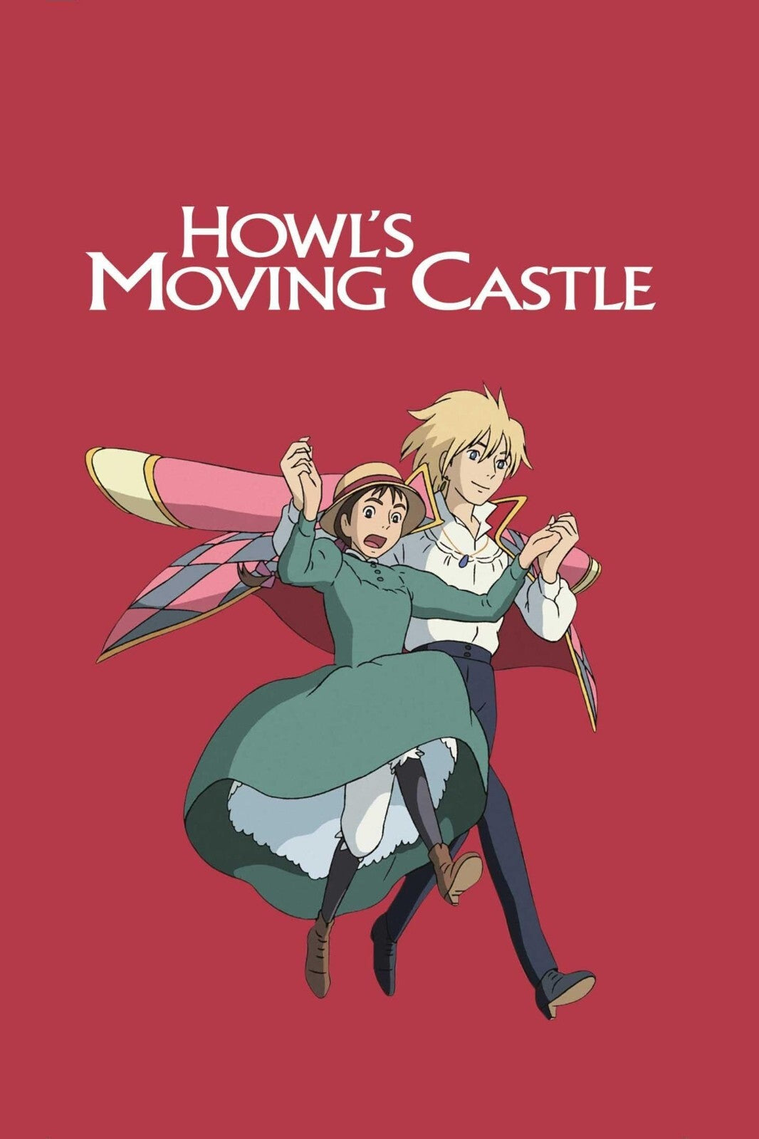 Howl's Moving Castle Movie Poster | Howl and Sophie Flying Against a Red Background - Anime Poster
