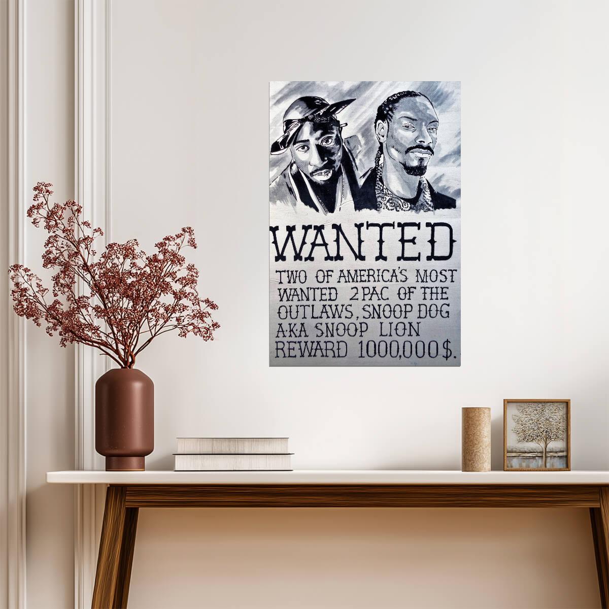 Tupac and Snoop Dogg Wanted Poster | Black and White Portrait Drawing - Music Poster