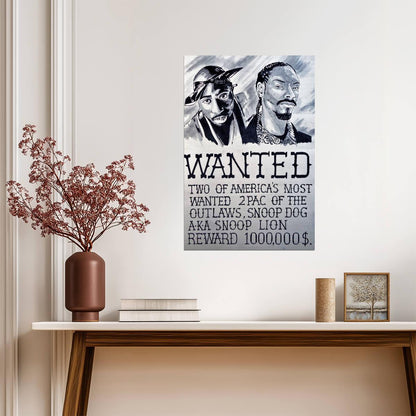 Tupac and Snoop Dogg Wanted Poster | Black and White Portrait Drawing - Music Poster