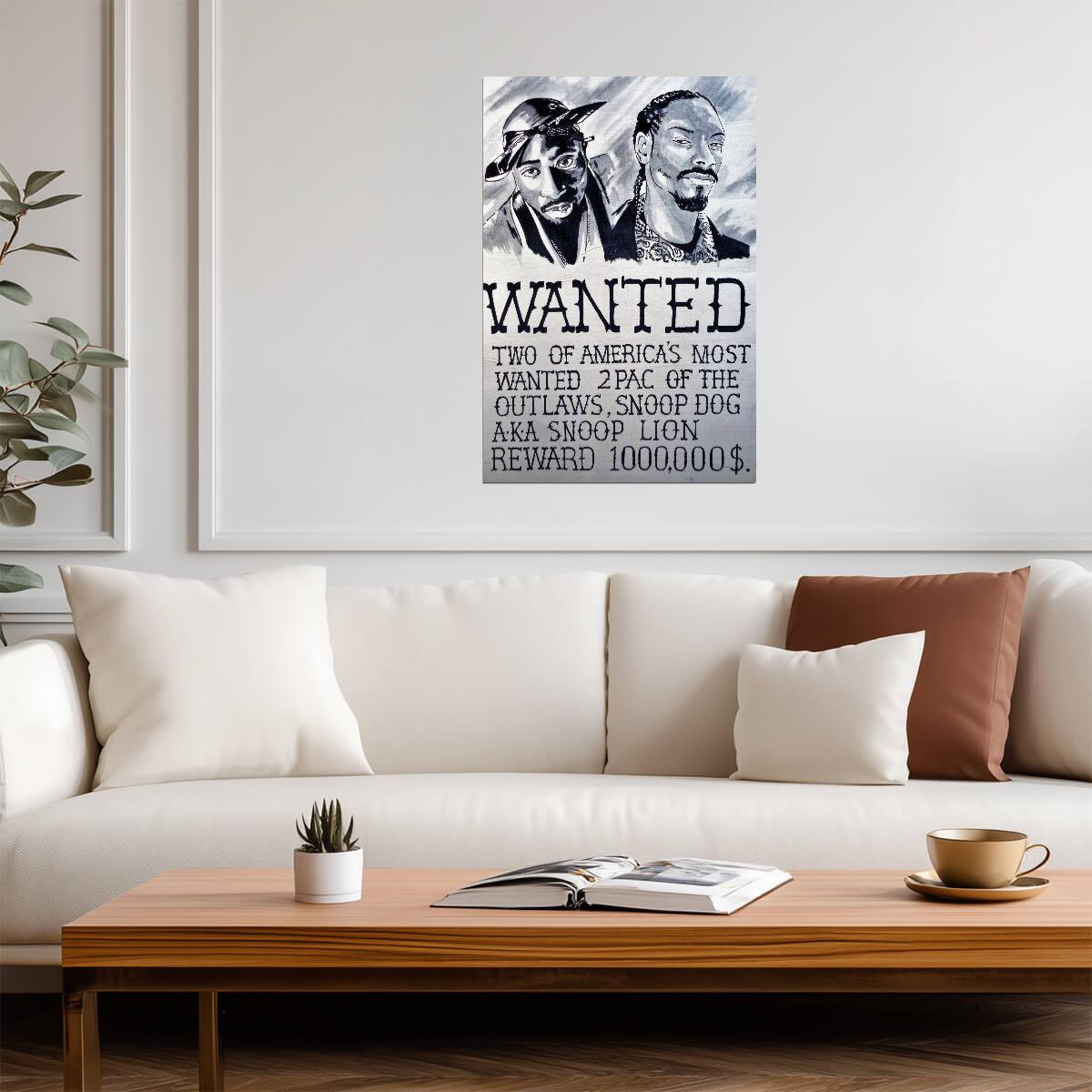 Tupac and Snoop Dogg Wanted Poster | Black and White Portrait Drawing - Music Poster