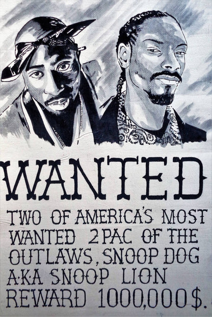 Tupac and Snoop Dogg Wanted Poster | Black and White Portrait Drawing - Music Poster