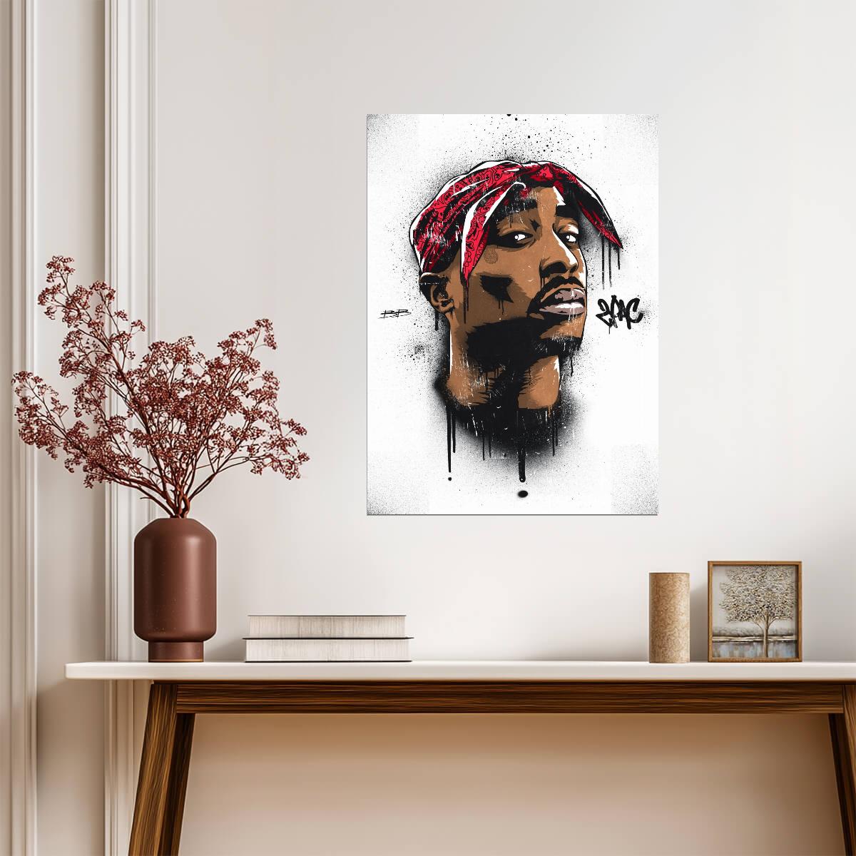 Tupac Graffiti Poster | Red and Black Hip Hop Portrait - Music Poster