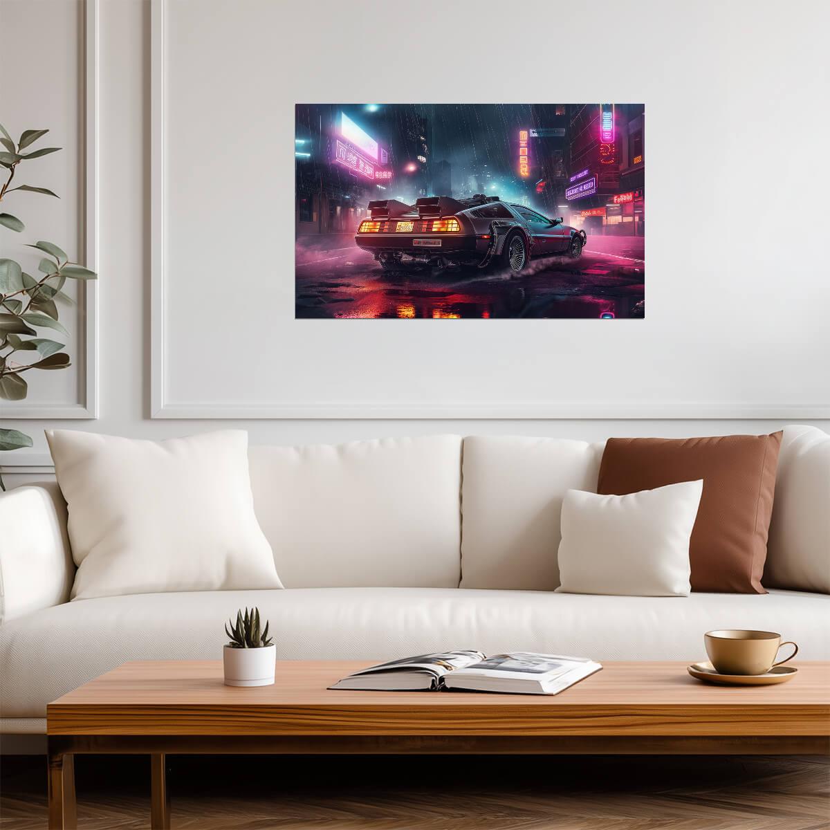 Back to the Future Movie Poster | DeLorean on a Rainy Neon Street - Movies & TV Poster