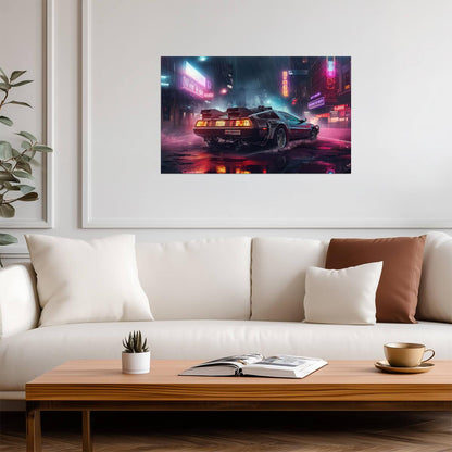 Back to the Future Movie Poster | DeLorean on a Rainy Neon Street - Movies & TV Poster