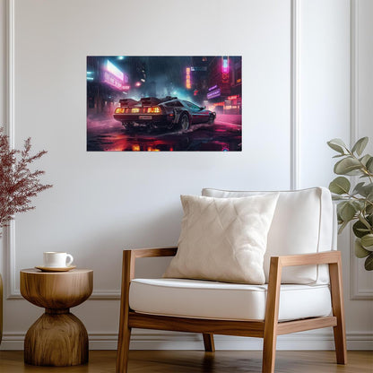 Back to the Future Movie Poster | DeLorean on a Rainy Neon Street - Movies & TV Poster