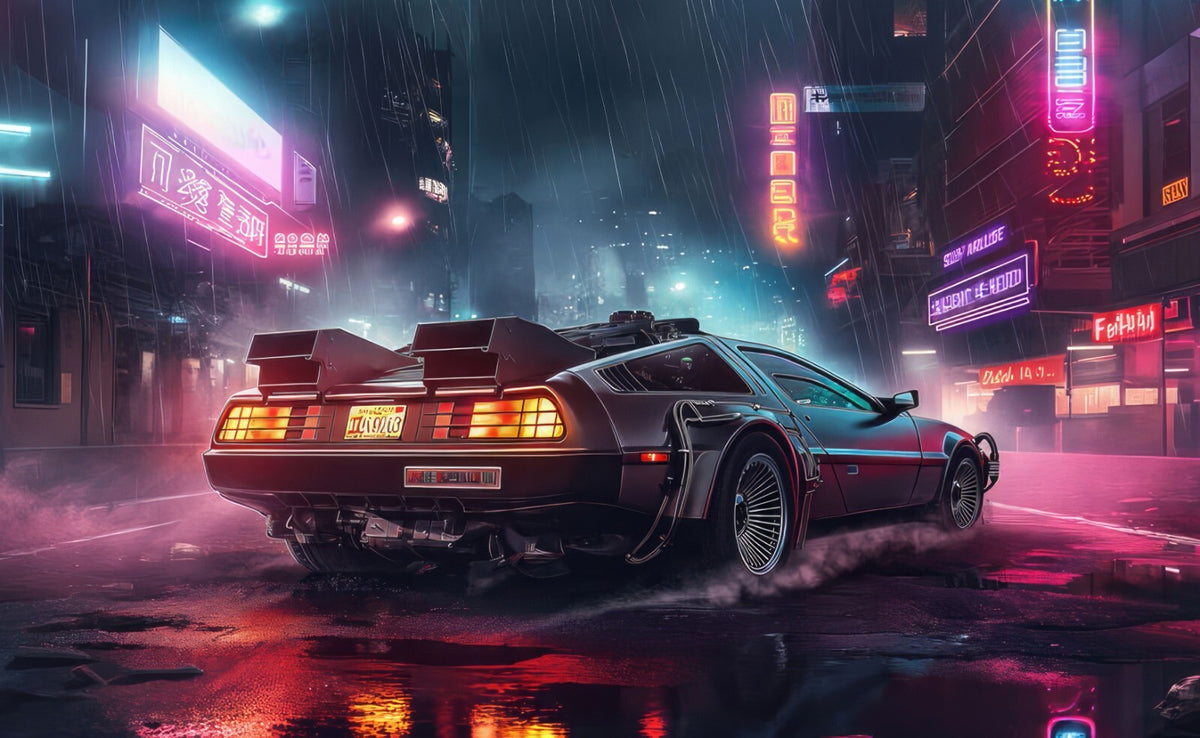 Back to the Future Movie Poster | DeLorean on a Rainy Neon Street - Movies & TV Poster