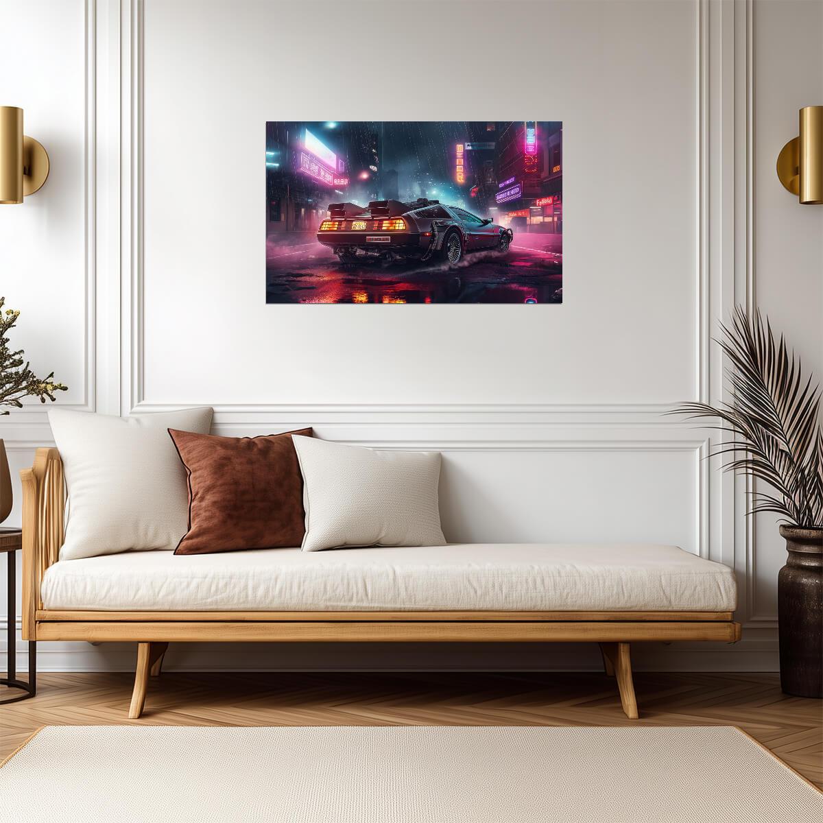 Back to the Future Movie Poster | DeLorean on a Rainy Neon Street - Movies & TV Poster