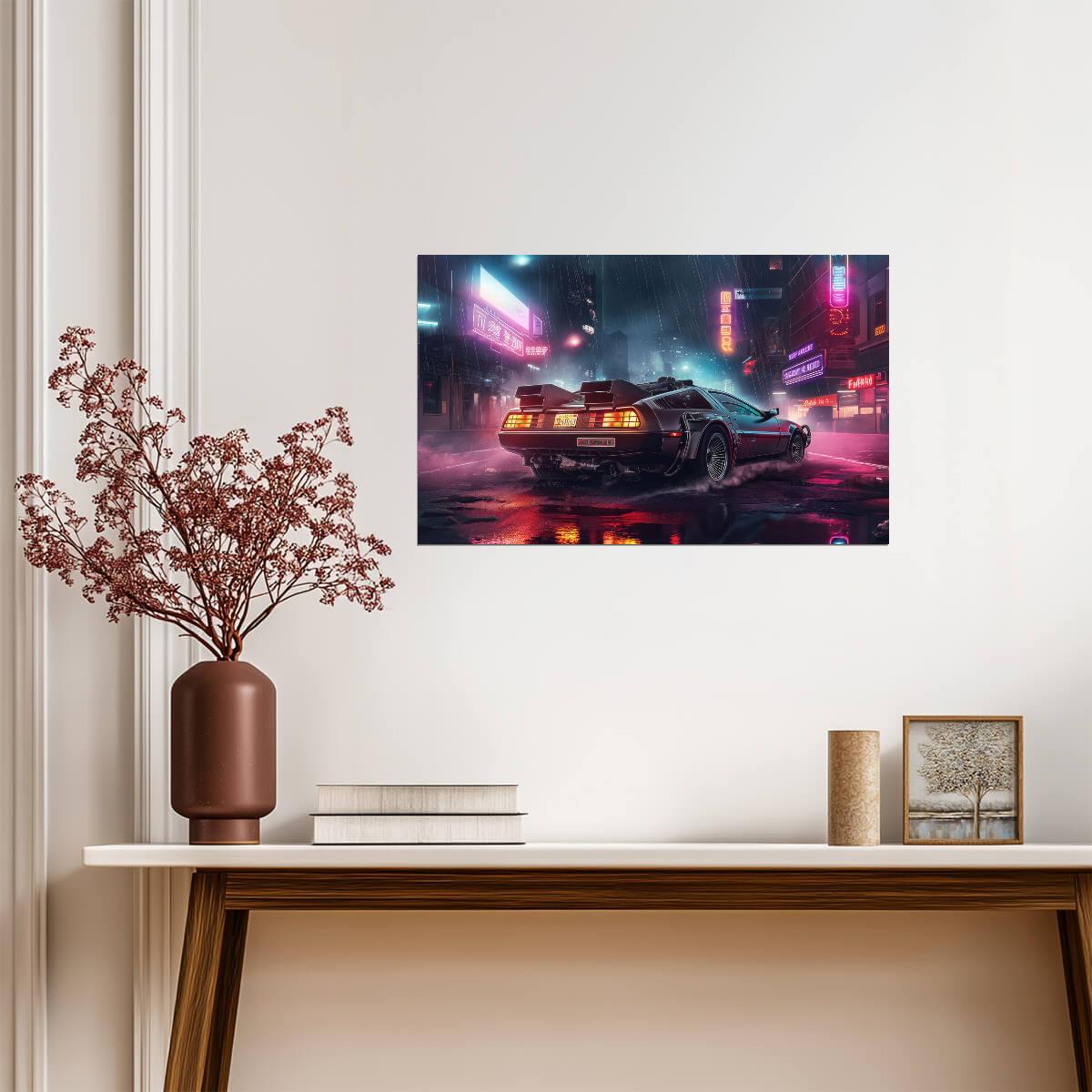 Back to the Future Movie Poster | DeLorean on a Rainy Neon Street - Movies & TV Poster