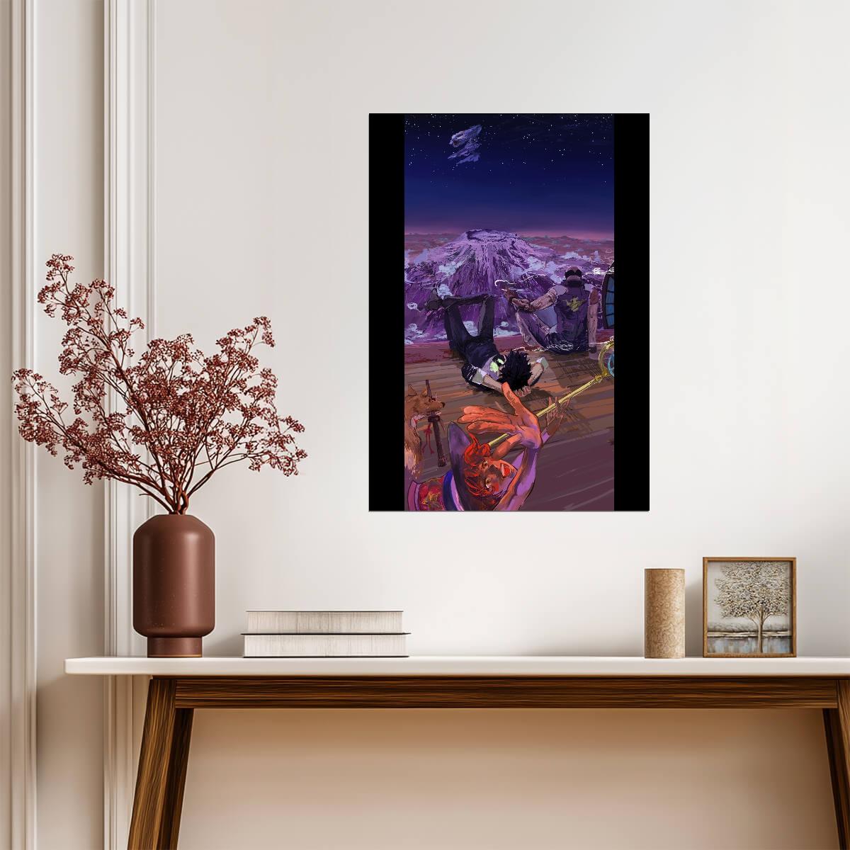 Cowboy Bebop Poster | Spike and the Crew in a Purple Alien Landscape - Anime Poster