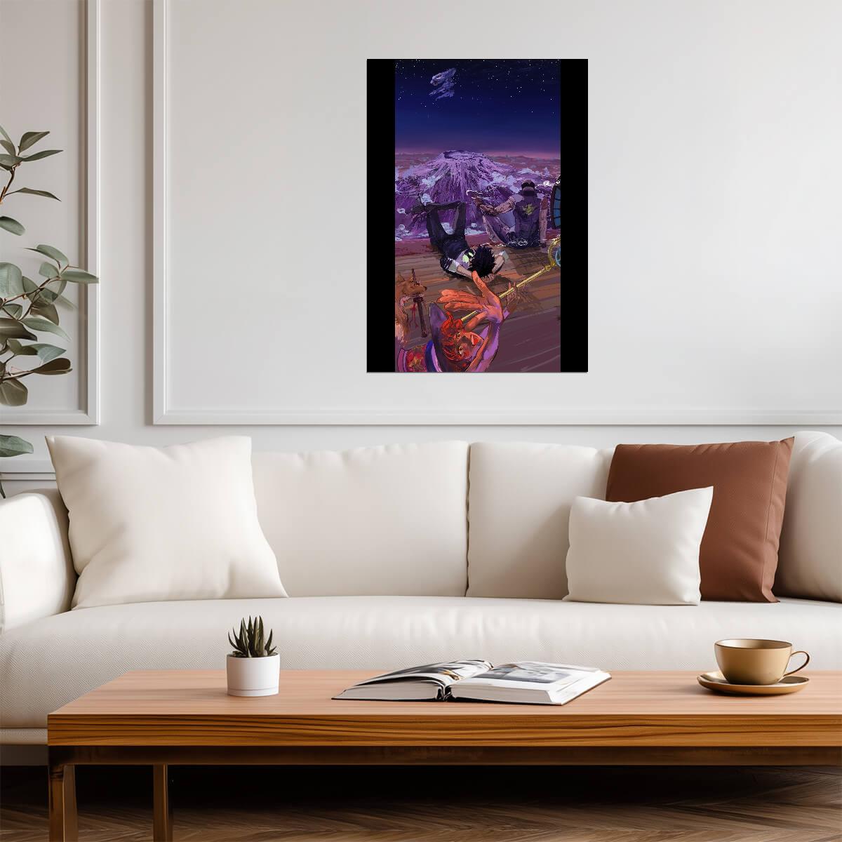 Cowboy Bebop Poster | Spike and the Crew in a Purple Alien Landscape - Anime Poster