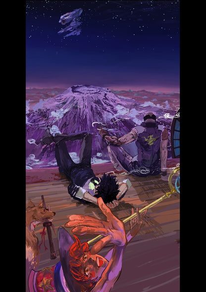 Cowboy Bebop Poster | Spike and the Crew in a Purple Alien Landscape - Anime Poster