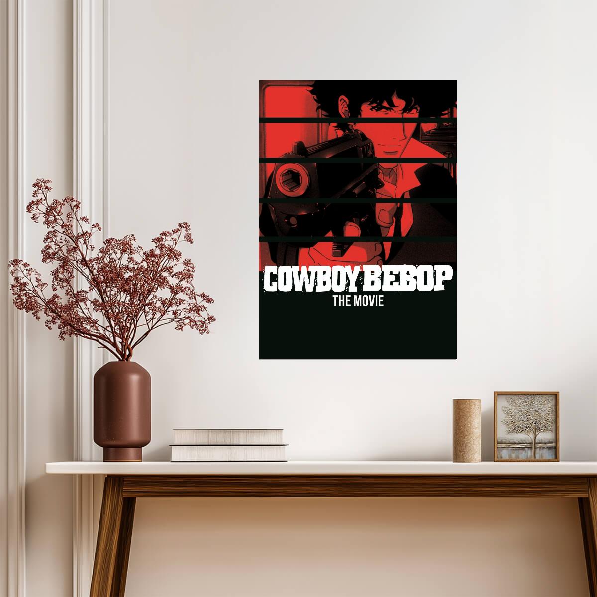 Cowboy Bebop: The Movie Poster | Spike Aiming a Pistol | Red and Black Panel Illustration - Anime Poster