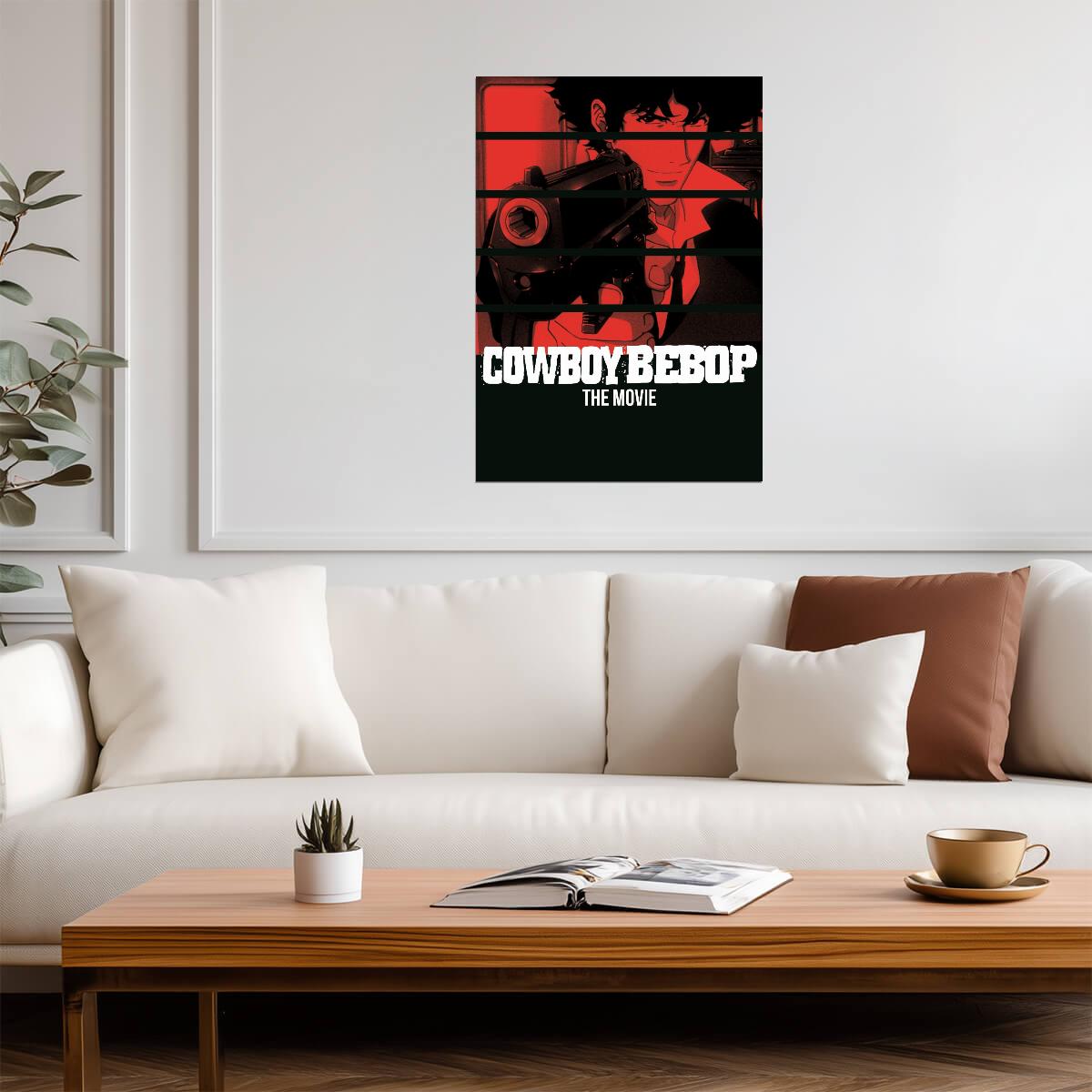 Cowboy Bebop: The Movie Poster | Spike Aiming a Pistol | Red and Black Panel Illustration - Anime Poster