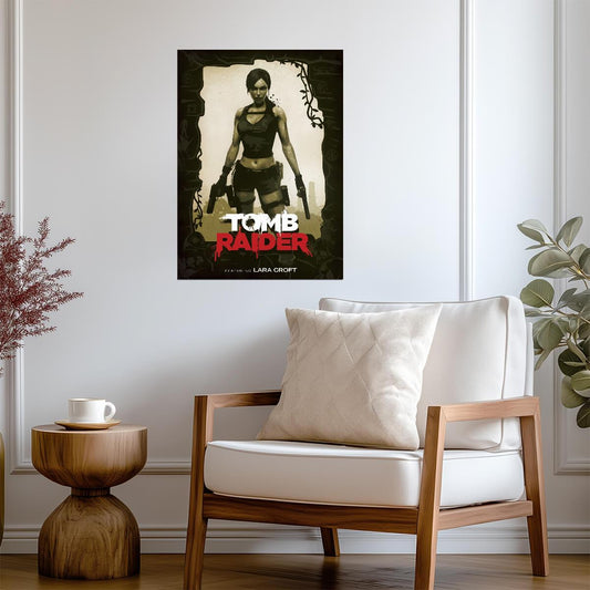 Tomb Raider Poster | Lara Croft with Dual Pistols | Sepia Illustration - Video Games Poster