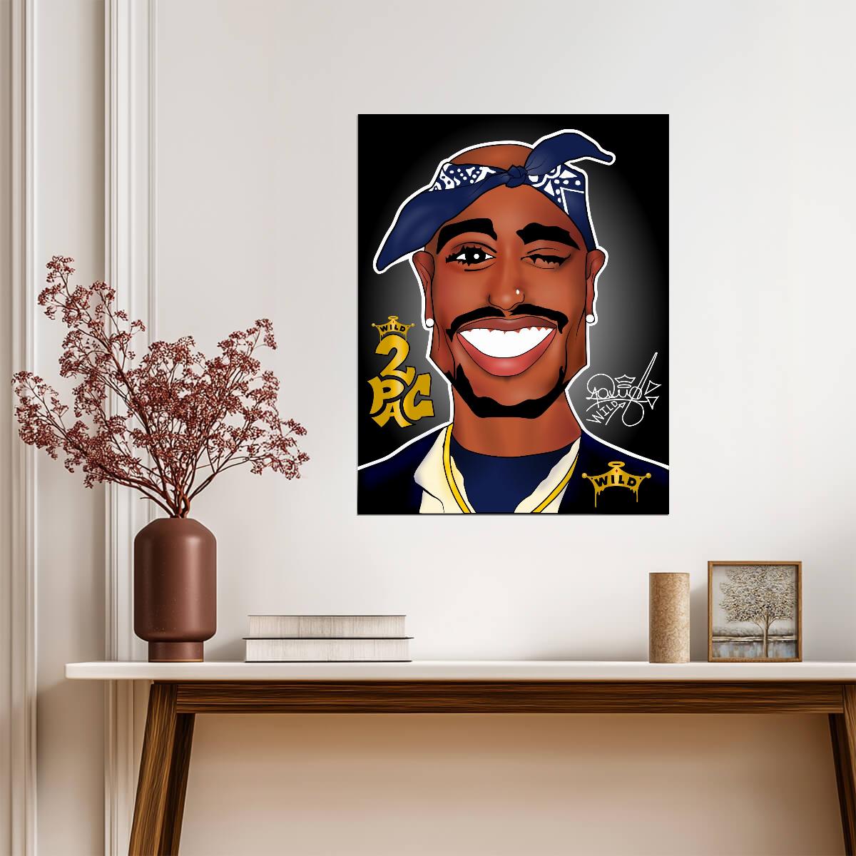 2Pac Cartoon Poster | Blue and Yellow Rapper Illustration - Music Poster