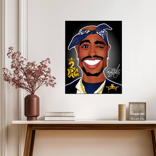 2Pac Cartoon Poster | Blue and Yellow Rapper Illustration - Music Poster