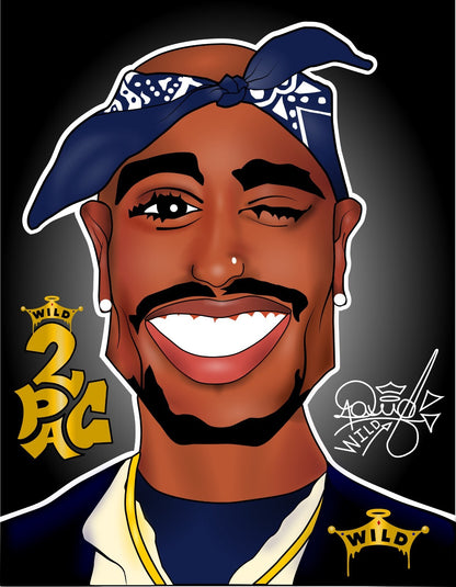 2Pac Cartoon Poster | Blue and Yellow Rapper Illustration - Music Poster