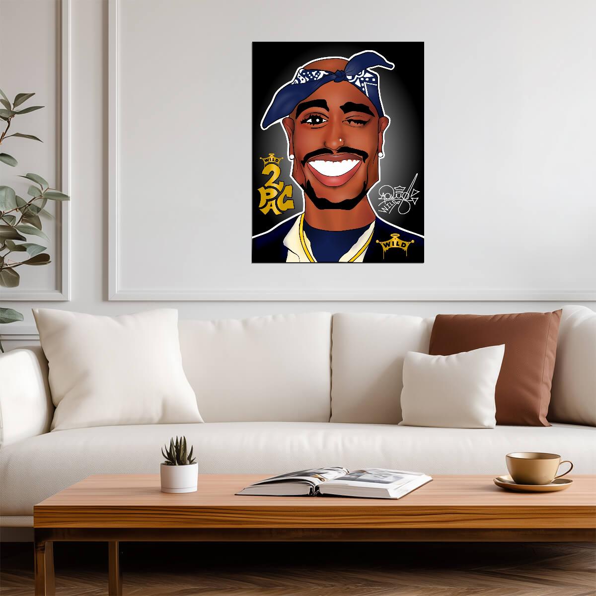 2Pac Cartoon Poster | Blue and Yellow Rapper Illustration - Music Poster