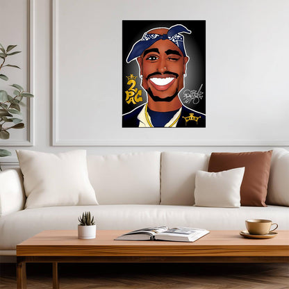 2Pac Cartoon Poster | Blue and Yellow Rapper Illustration - Music Poster