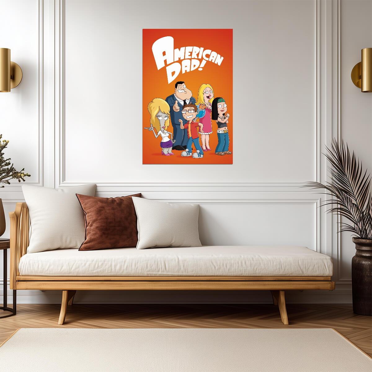 American Dad Poster | Smith Family | Cartoon Illustration on Orange Background - Movies & TV Poster