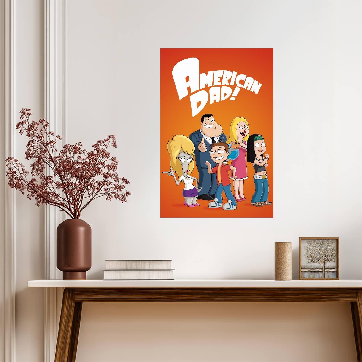 American Dad Poster | Smith Family | Cartoon Illustration on Orange Background - Movies & TV Poster
