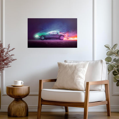 Back to the Future Movie Poster | Neon DeLorean Driving through Time - Movies & TV Poster