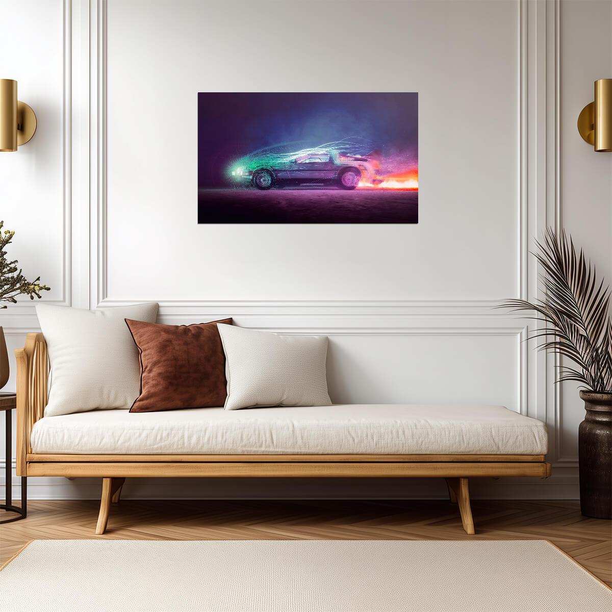 Back to the Future Movie Poster | Neon DeLorean Driving through Time - Movies & TV Poster